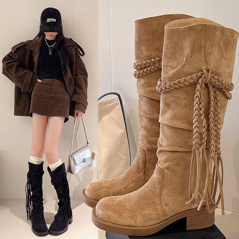 （多多2鞋服8816）时尚休闲鞋堆堆靴女25款西部牛仔靴粗跟流苏靴