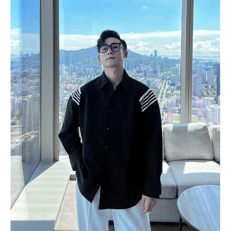 7455春秋季小清新条纹休闲长袖男女衬衫潮流百搭宽松薄款衬衣ins