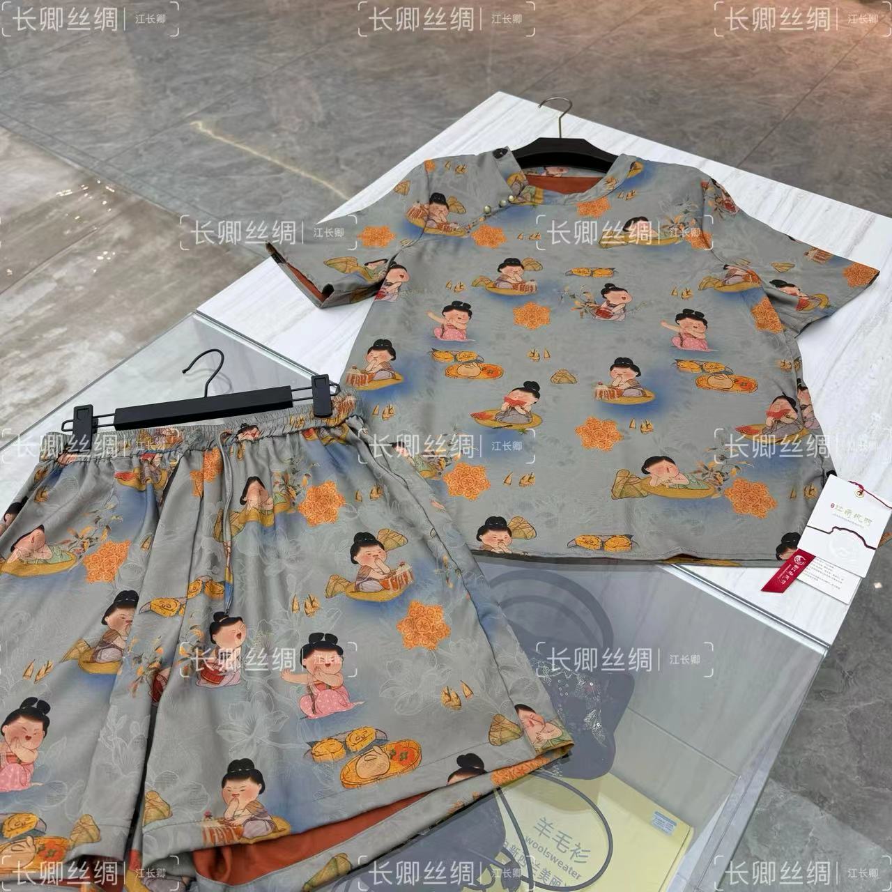 【长卿】新中式复古提花丝缎小唐人上衣+短裤两件套FY481603