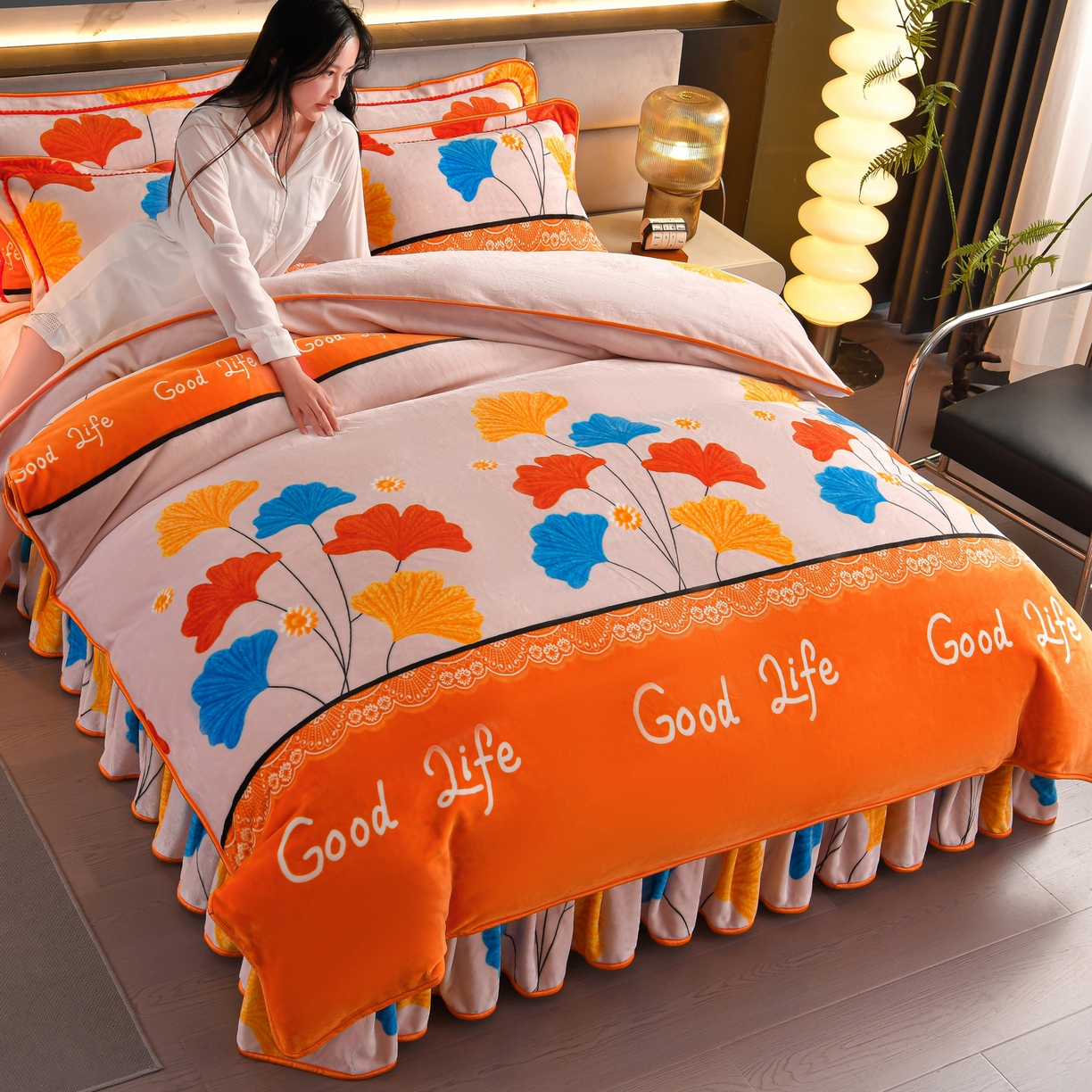 2025新款高克重9-10斤加绒加厚印花超柔牛奶绒爆款被套床裙四件套