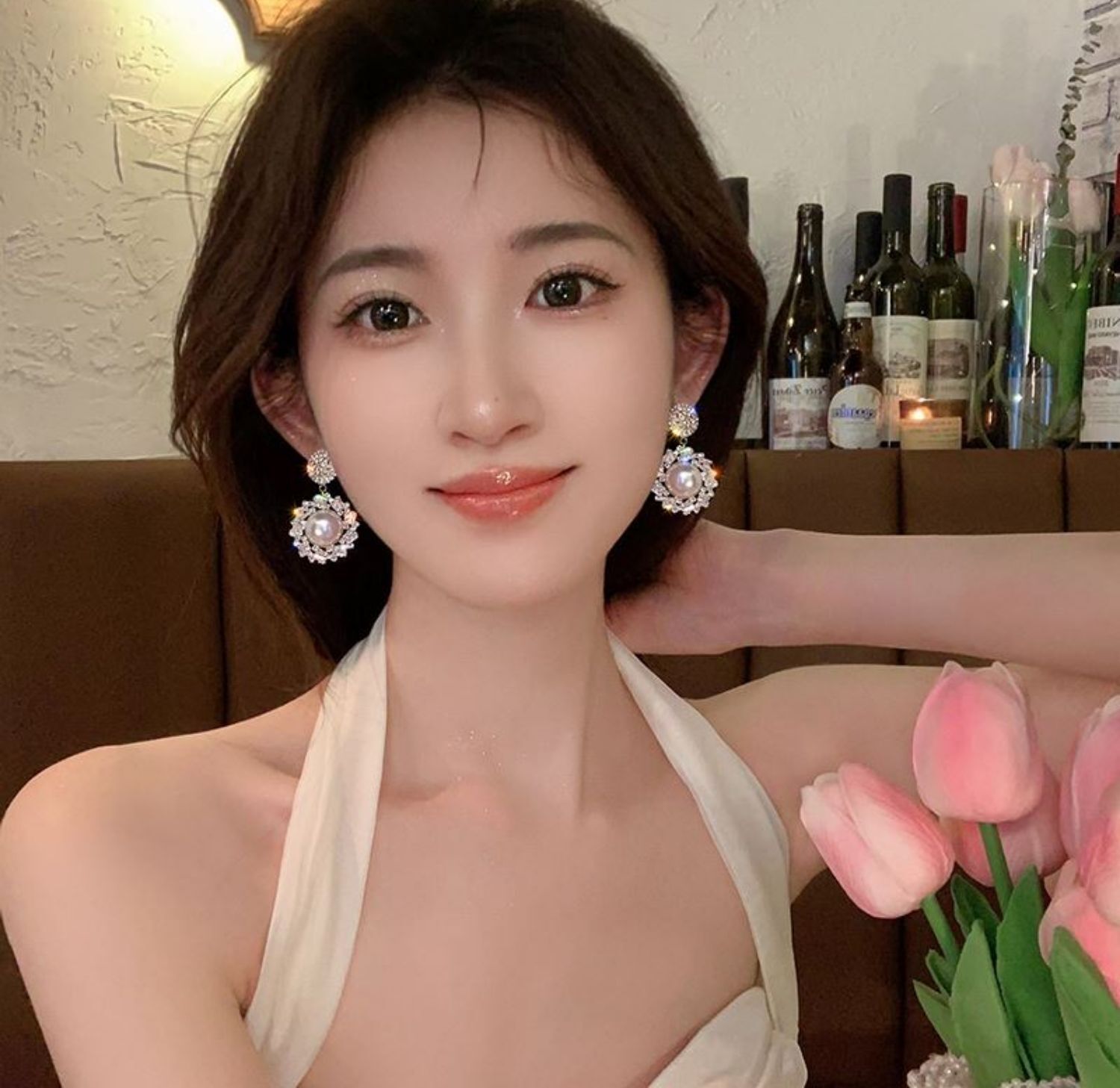 铜合金仿珍珠耳饰 轻奢法式锆石珍珠耳环女小众设计感冷淡风耳环