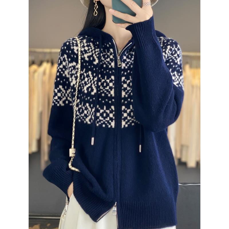 100%羊毛七针重磅加厚费尔岛连帽双拉链开衫D469