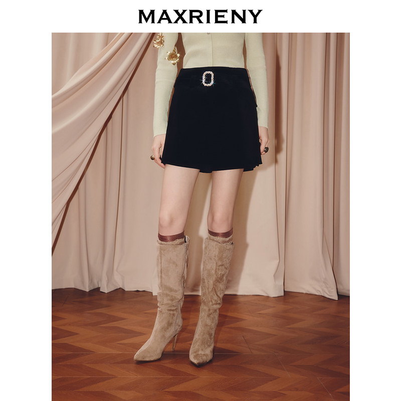 MAXRIENY法式复古丝绒短裙25冬季新款慵懒感穿搭a字修身高腰半裙