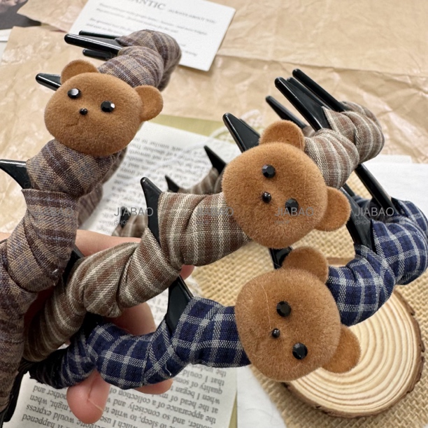 韩国东大门秋冬格纹布艺小熊带齿发箍女高颅顶日常外戴头饰