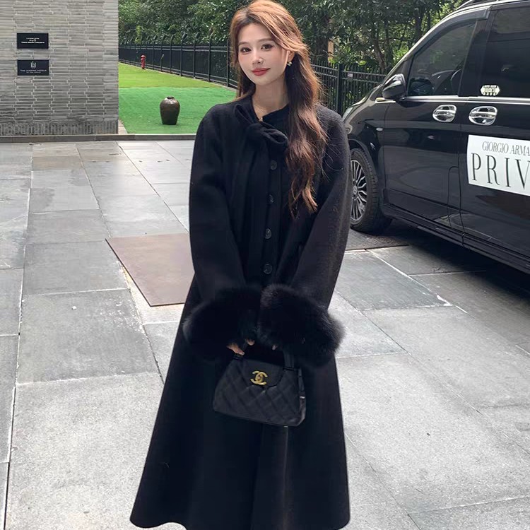 法式蝴蝶结双面羊毛大衣长款羊毛外套