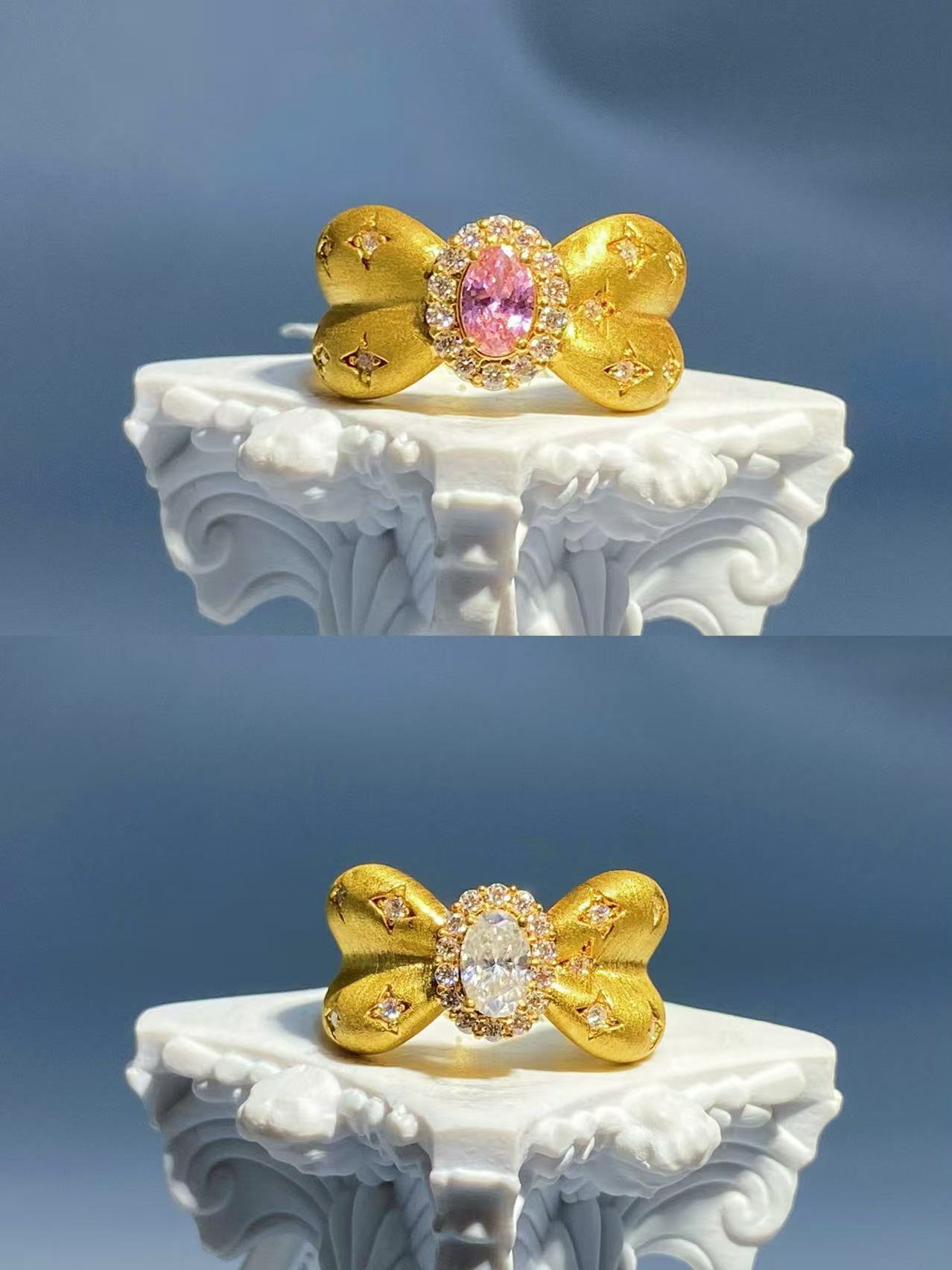 黄金足金999  点钻镶嵌舒芙蕾白色粉色宽版戒指大气送礼