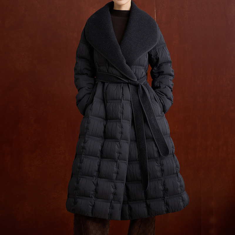 【AnDy】翻领中长款常规款长款羽绒服鹅绒服冬季女士黑色25-337