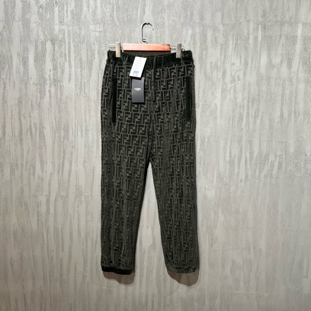 99新 FENDI/芬迪 墨绿色双F老花满印丝绒卫裤46码 Z00436