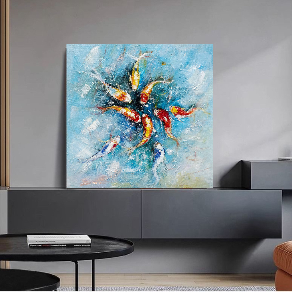 《年年有余》现代风九鱼图抽象装饰画适用于客厅玄关餐厅沙发背景墙