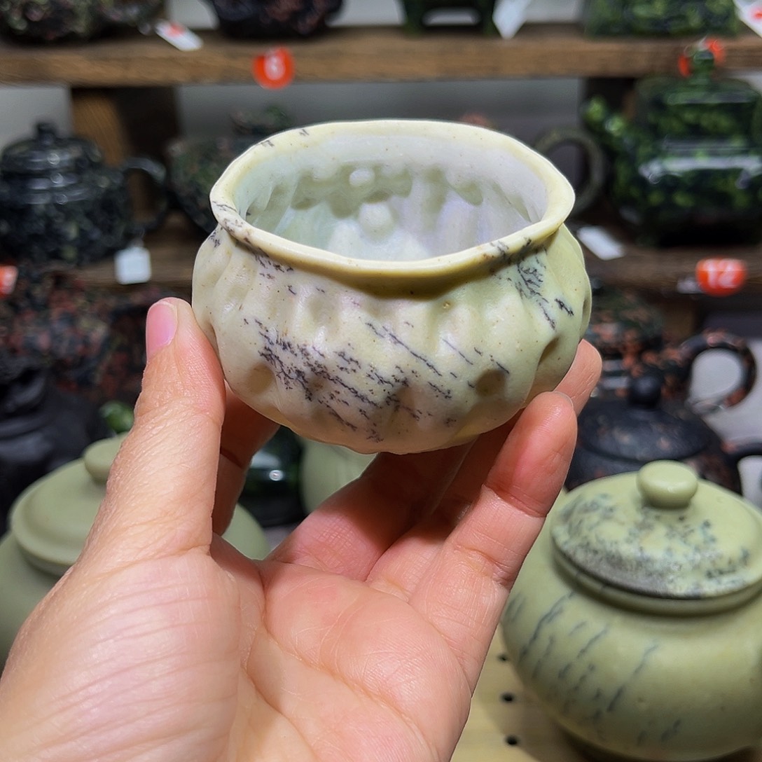 大*花石材冰碛玉莲花杯配壶