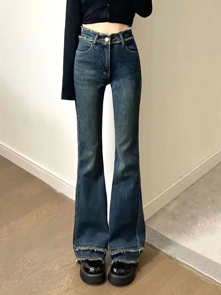 复古毛边微喇叭牛仔裤女春秋新款高腰显瘦设计感流苏喇叭裤子ins