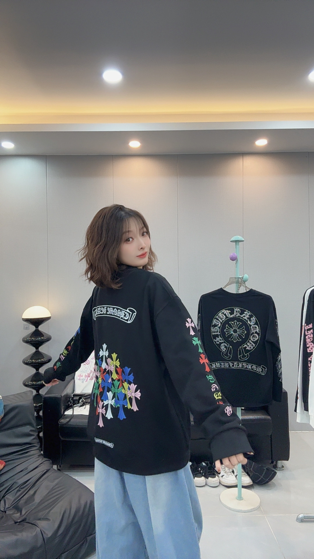 【W415】彩色十字架袖子梵文休闲宽松百搭加厚圆领连帽韩版卫衣