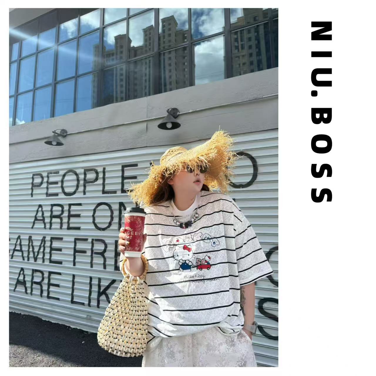 Three Ten. N大码260斤“松弛vibe”kitty涂鸦条纹短袖T恤