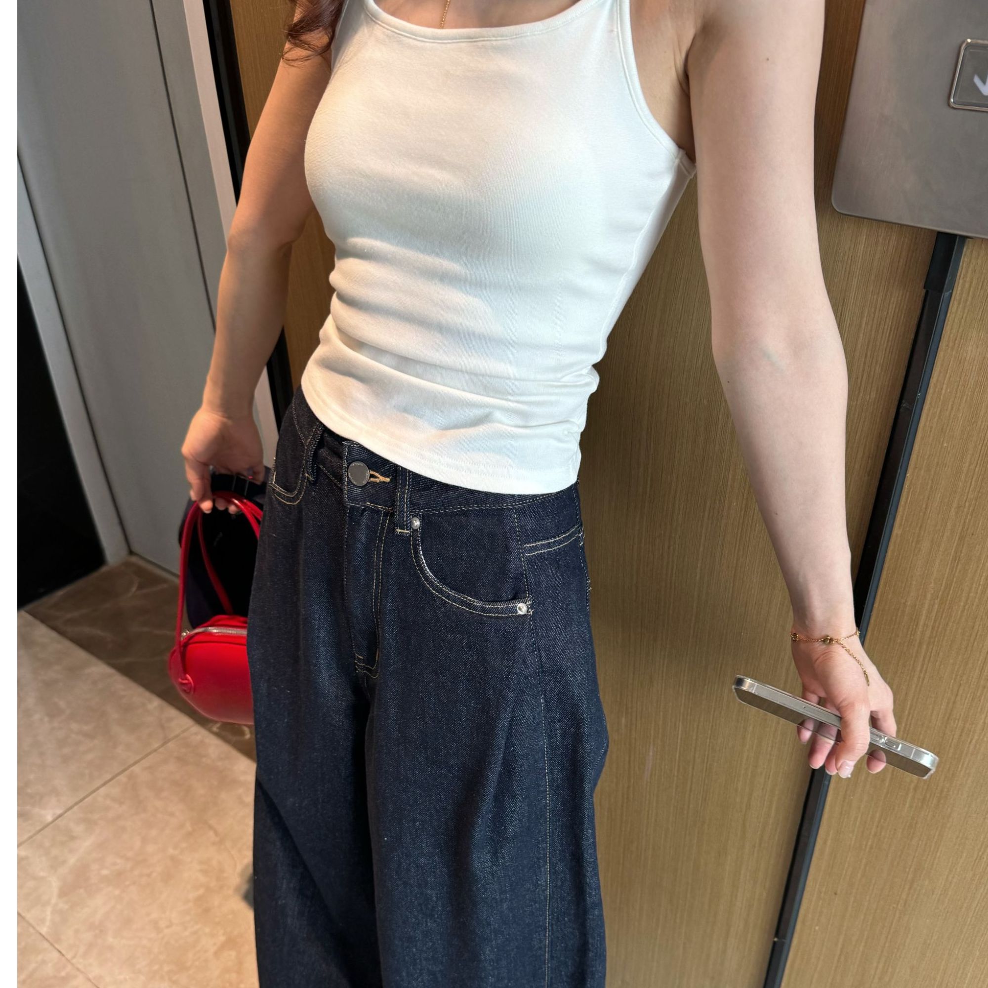 一三良品小个子 复古港风水洗阔腿牛仔裤拖地裤女秋长裤Z470R