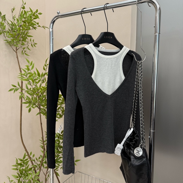 LX极简服饰-韩系拼接假两件针织衫女2025秋季新款内搭气质上衣