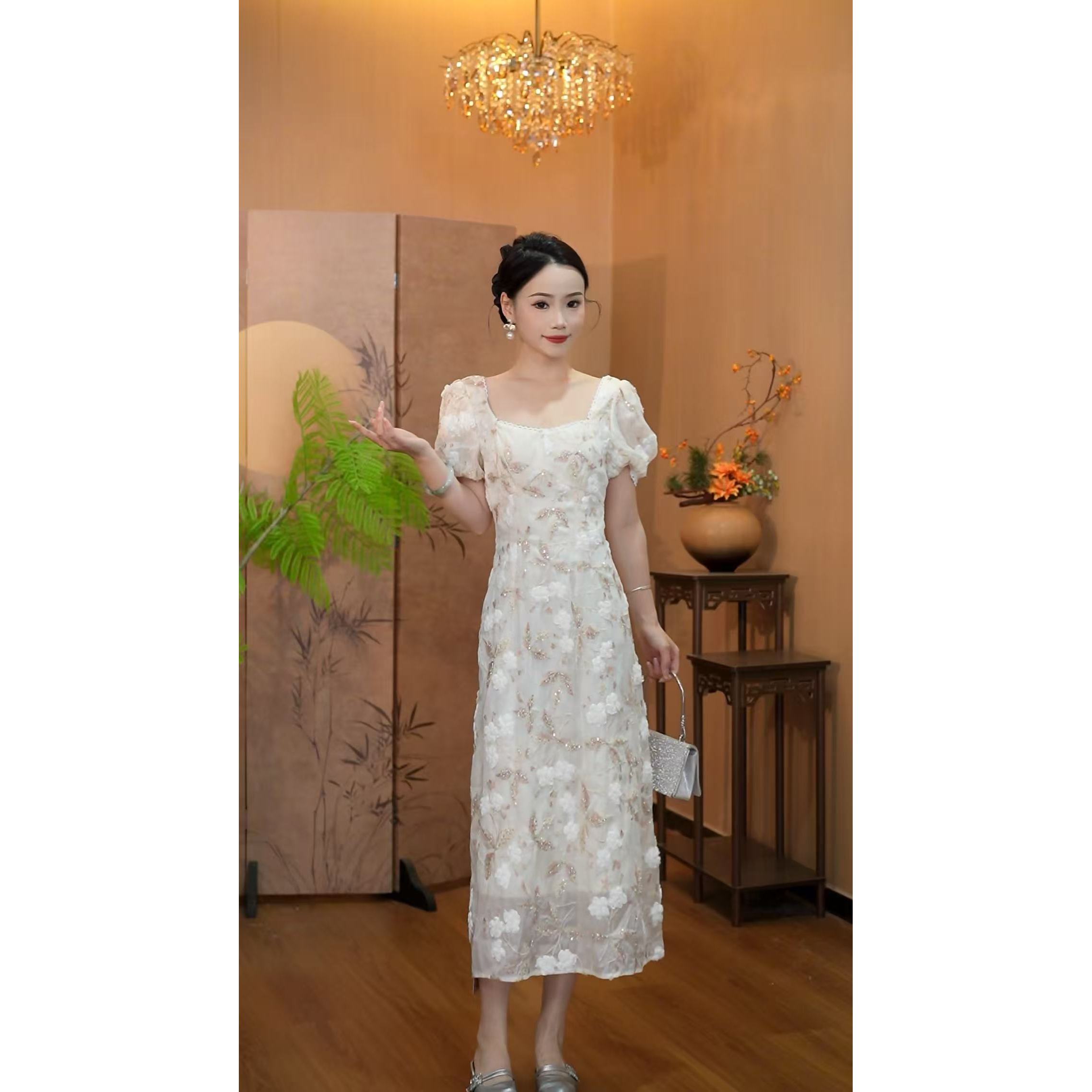 3755A【寒江冷月】气质白色名媛修身长裙蕾丝提花高级感连衣裙