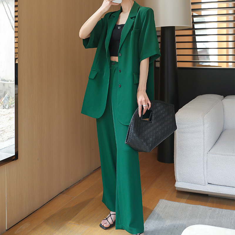 夏季大码短袖西装阔腿裤套装女胖mm新款时尚宽松休闲薄西服两件套
