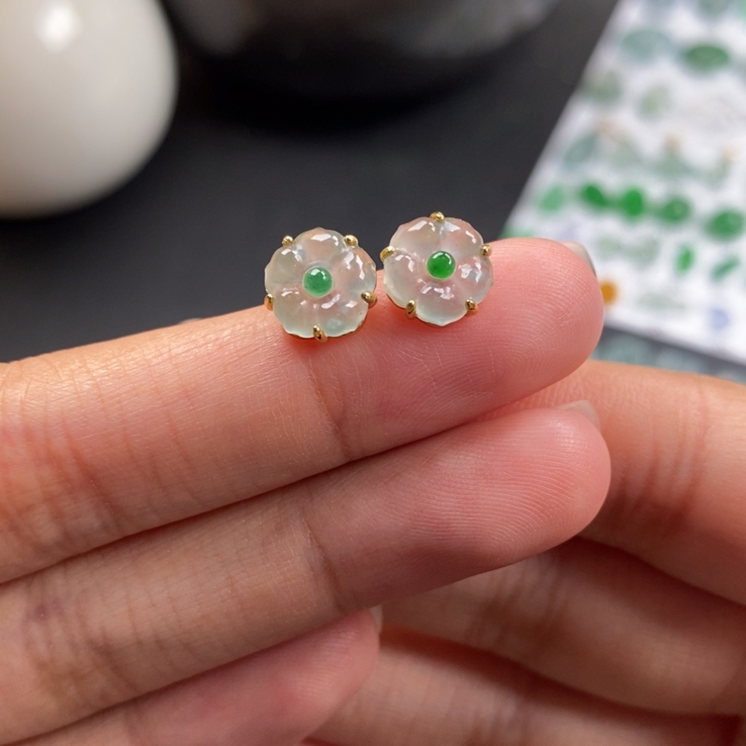 翡翠散珠小花耳钉925银