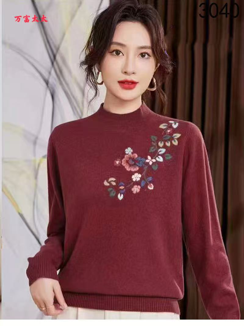 万富太太半高领宽松型羊毛毛衣中老年女装针织加厚百搭保暖