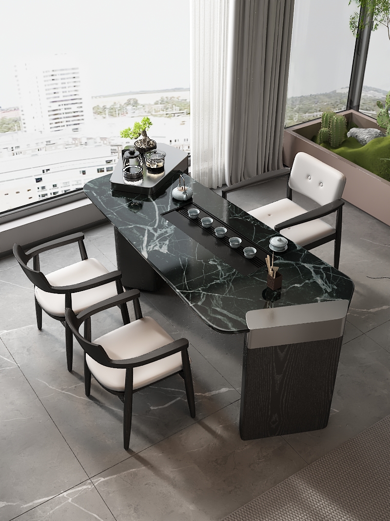 天然奢石意式极简茶台轻奢设计师别墅款轻奢款茶室禅意大花绿茶桌