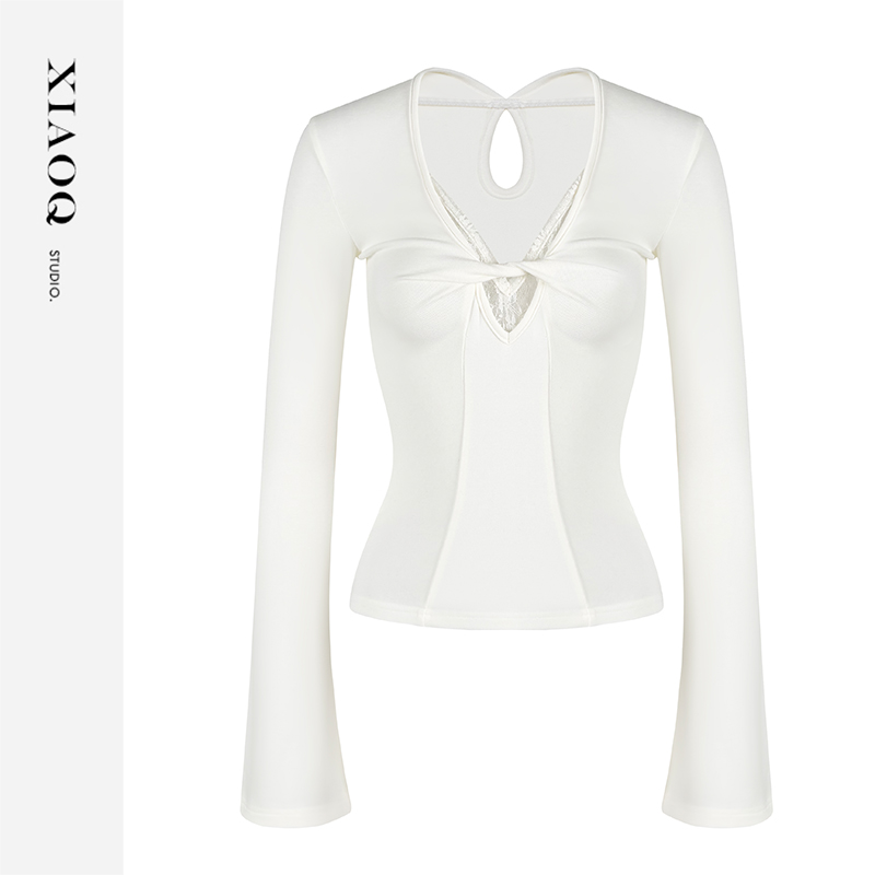 XIAOQ「冷脸欧尼」法式设计感双色可选蕾丝拼接镂空上衣T恤女13665