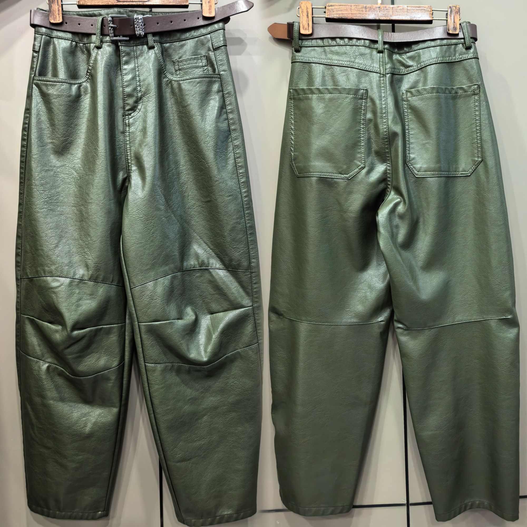 秋冬季新款皮裤女哑光沙洗皮高腰宽松显瘦弯刀哈伦九分裤时尚百搭