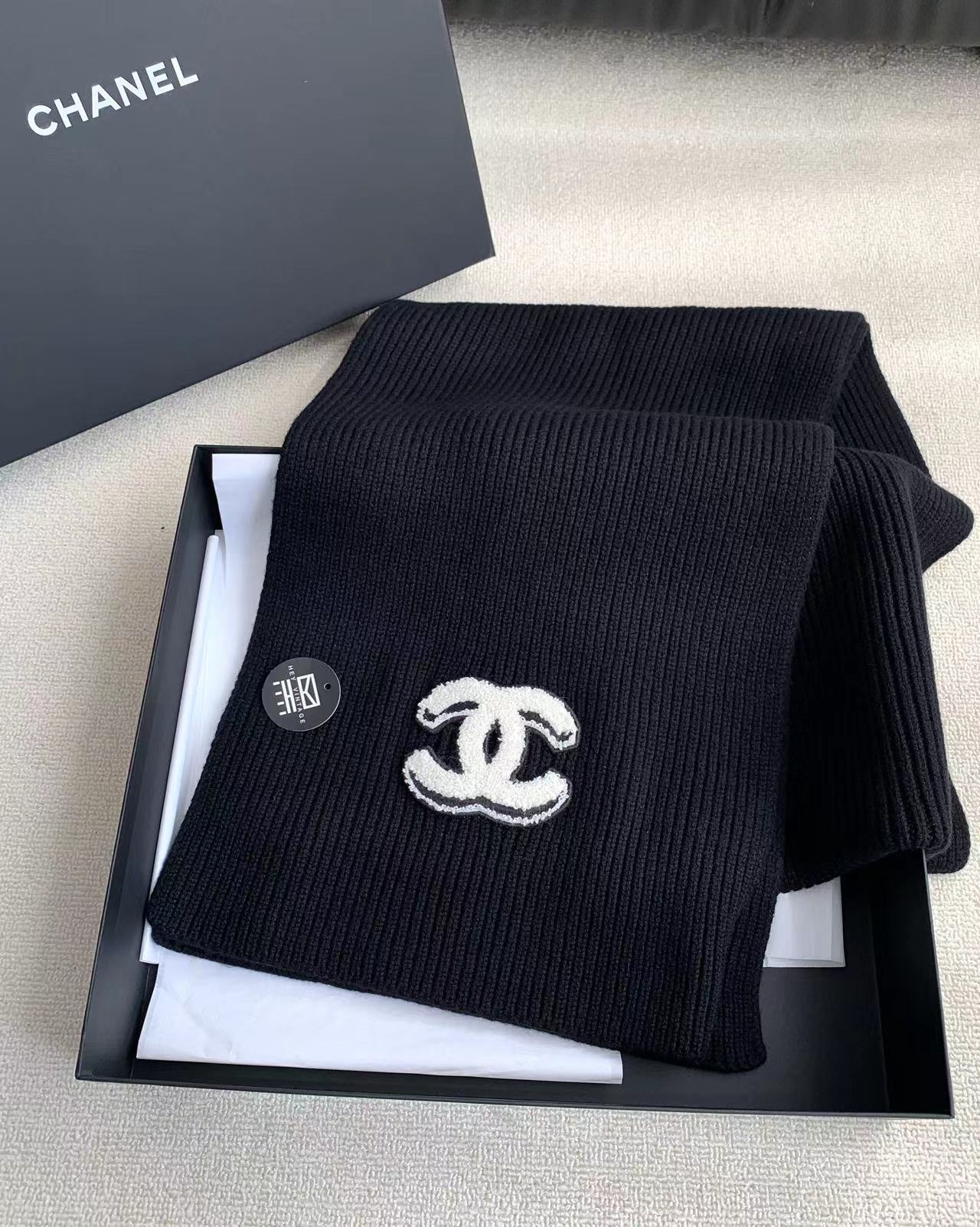 未使用 Chanel/香奈儿 25B黑色山羊绒围巾全新全套 16649067