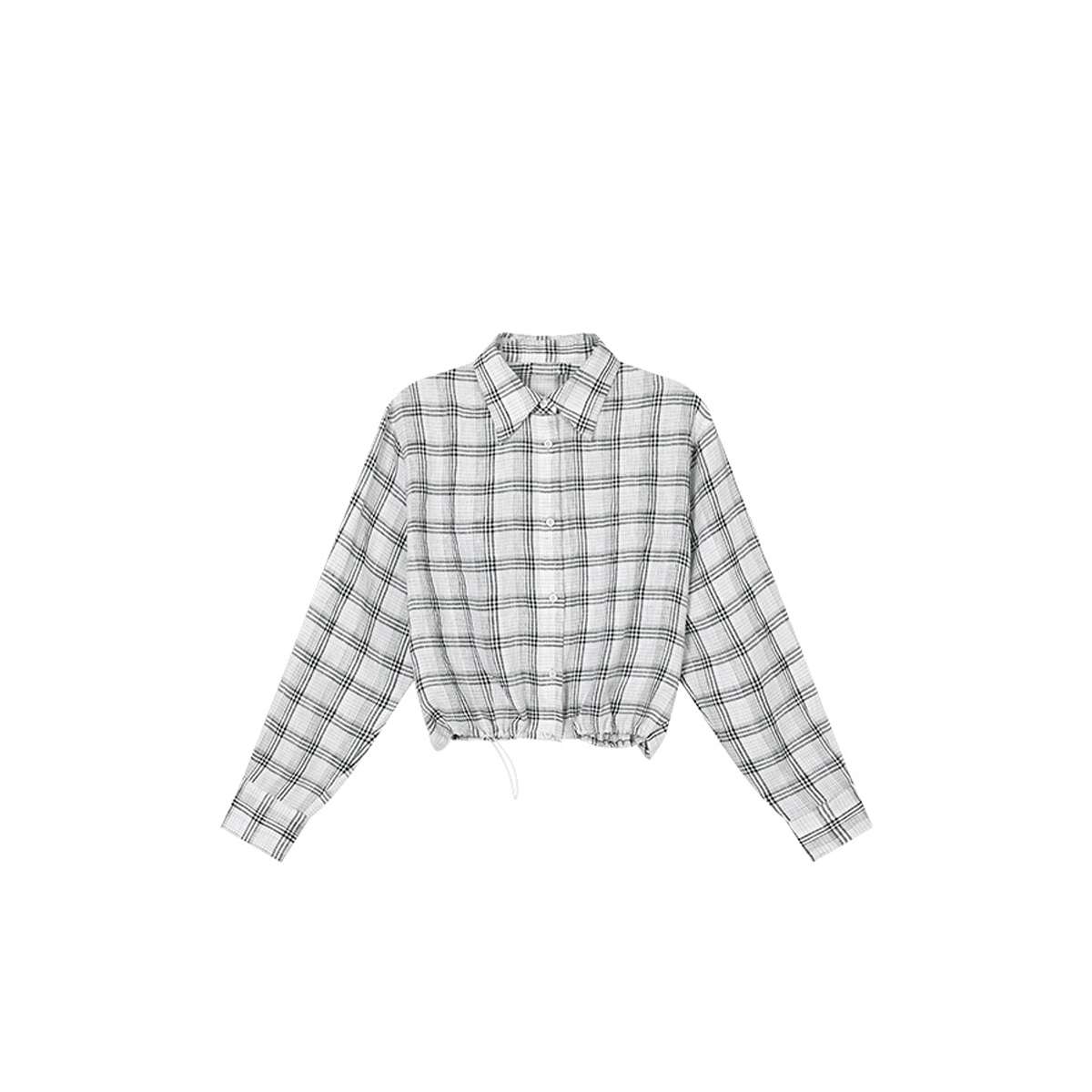 通勤风麻料休闲格纹衬衫下摆抽绳设计 882