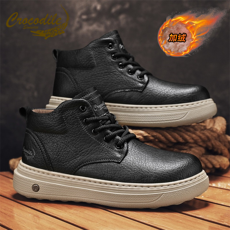 鳄鱼恤2025新款马丁靴男款冬季加绒保暖增高鞋防水宽头防寒冻真皮