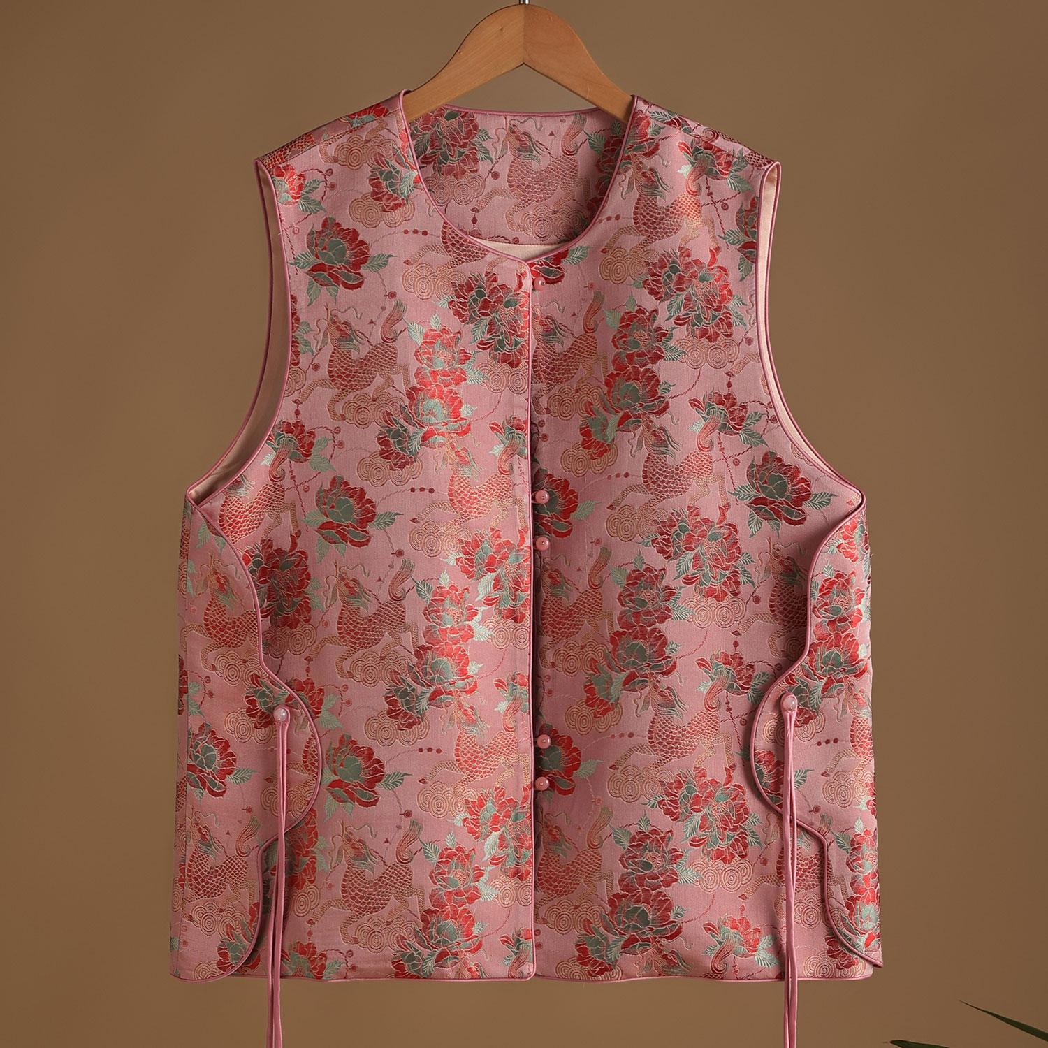 【李德喜 粉色麒麟牡丹】新中式满分桑蚕丝马甲上衣复古女装