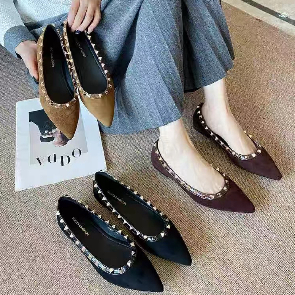 尖头铆钉绒面气质平底2025秋冬单鞋