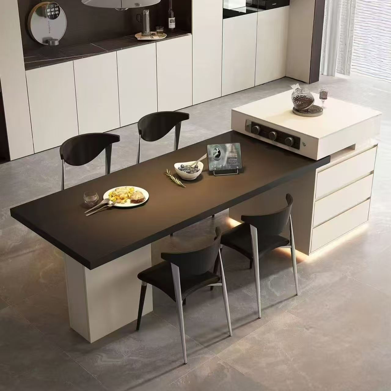 意式简约白色岩板岛台餐桌一体小户型家用多功能可伸缩厨房中岛台