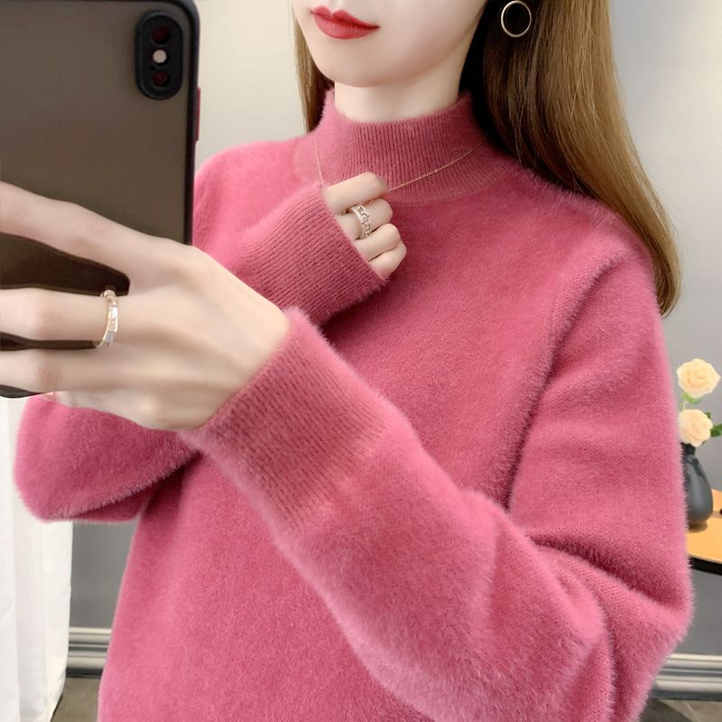 半高领水貂绒毛衣女打底衫2025秋冬新款套头外穿上衣纯色针织衫厚