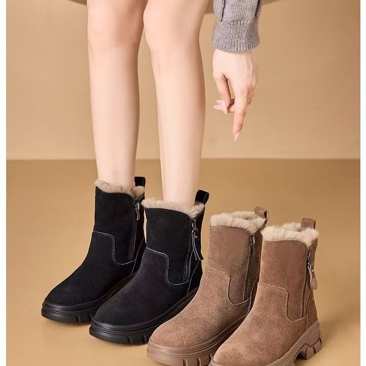2025加绒雪地靴短筒女靴保暖冬季圆头加厚成人时尚雪地靴