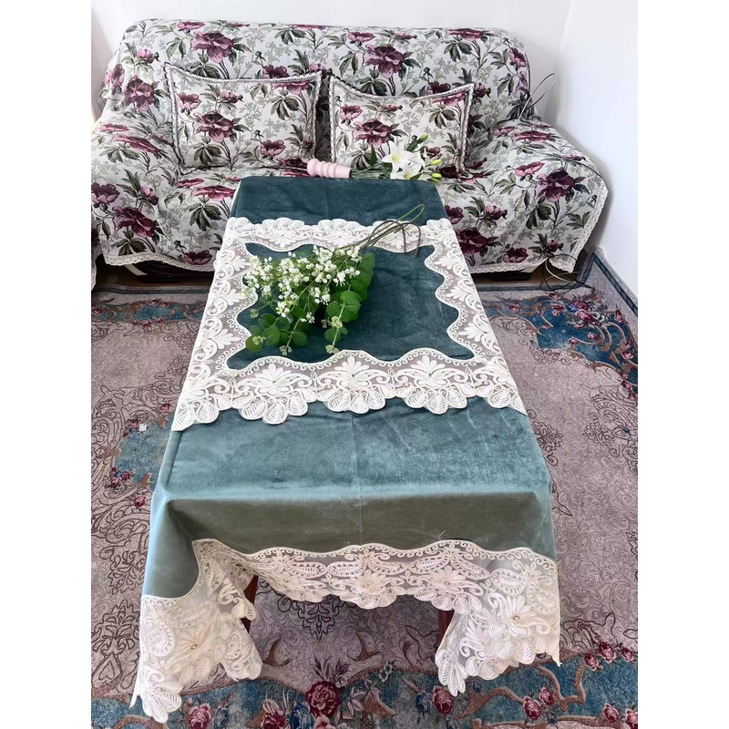 ZN120-998意大利绒【180*180】祖母绿意大利绒加毛巾绣花边桌布茶几