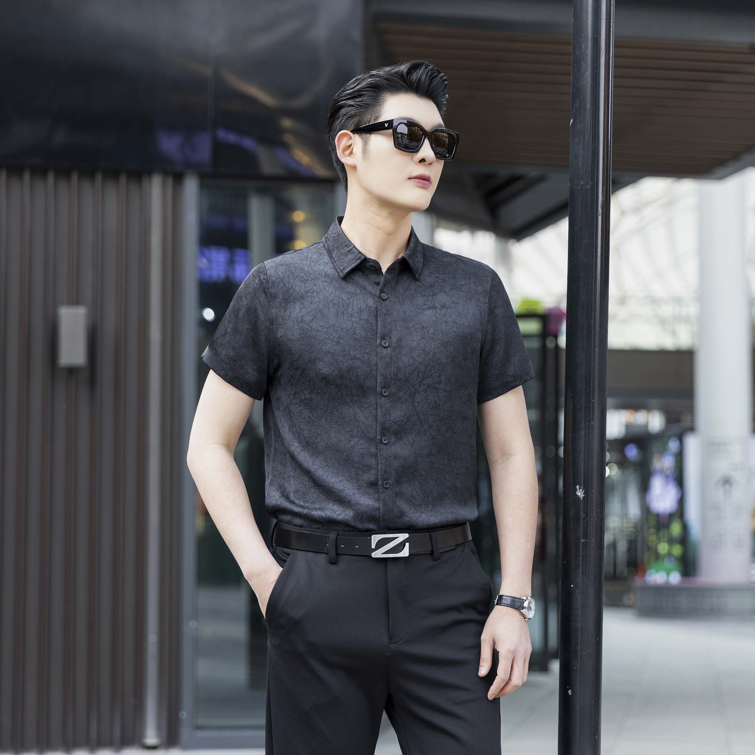 【苏杭丝绸】男士桑蚕丝夏季印花百搭短袖衬衣轻薄柔软舒适凉爽8805