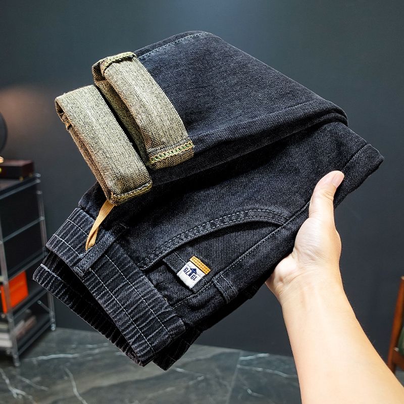 松紧腰抽绳男士秋冬牛仔裤男弹力显高小直筒厚款宽松牛仔裤长裤