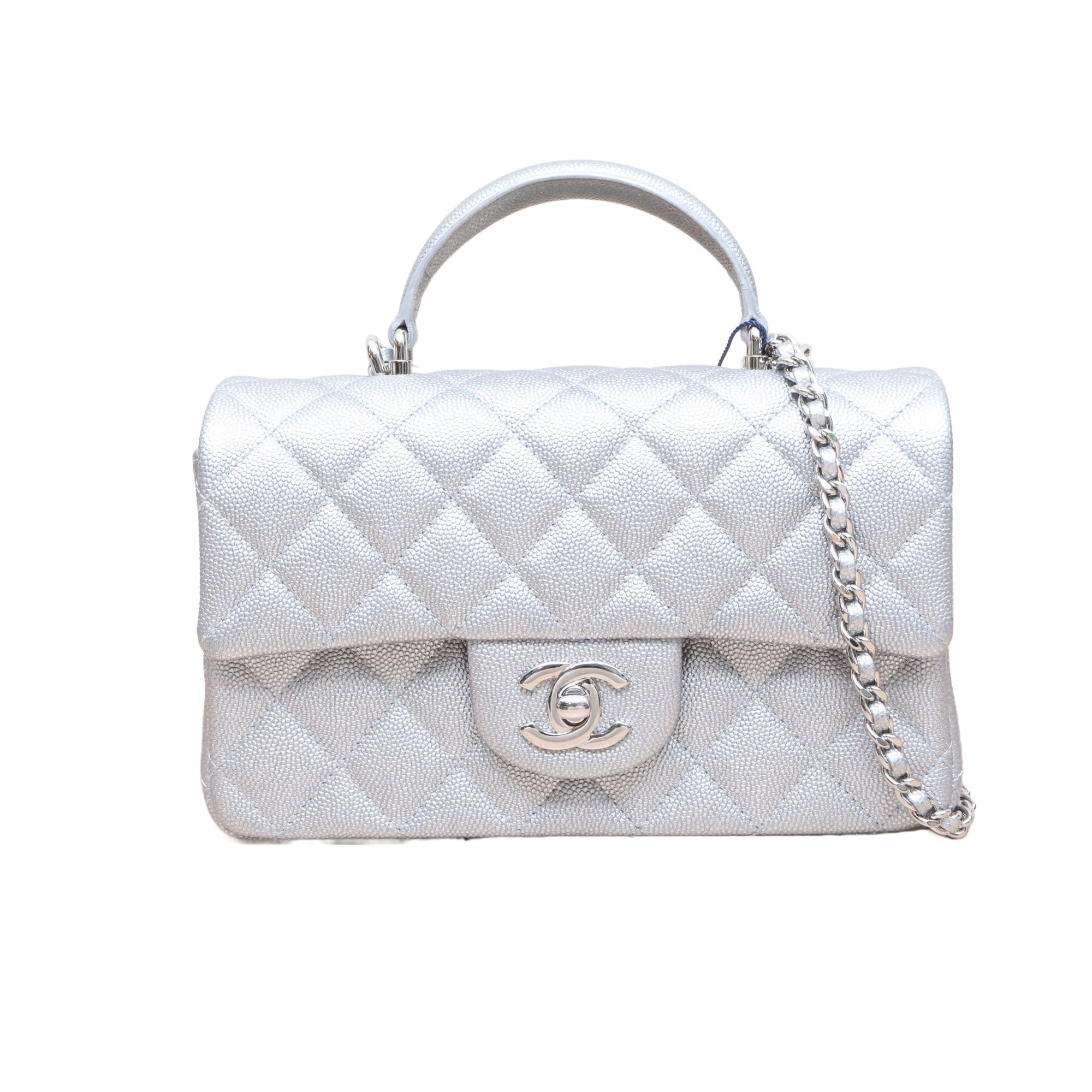 99新 Chanel/香奈儿 小花6珊 CF 手柄大Mini20银色荔枝皮31开银扣