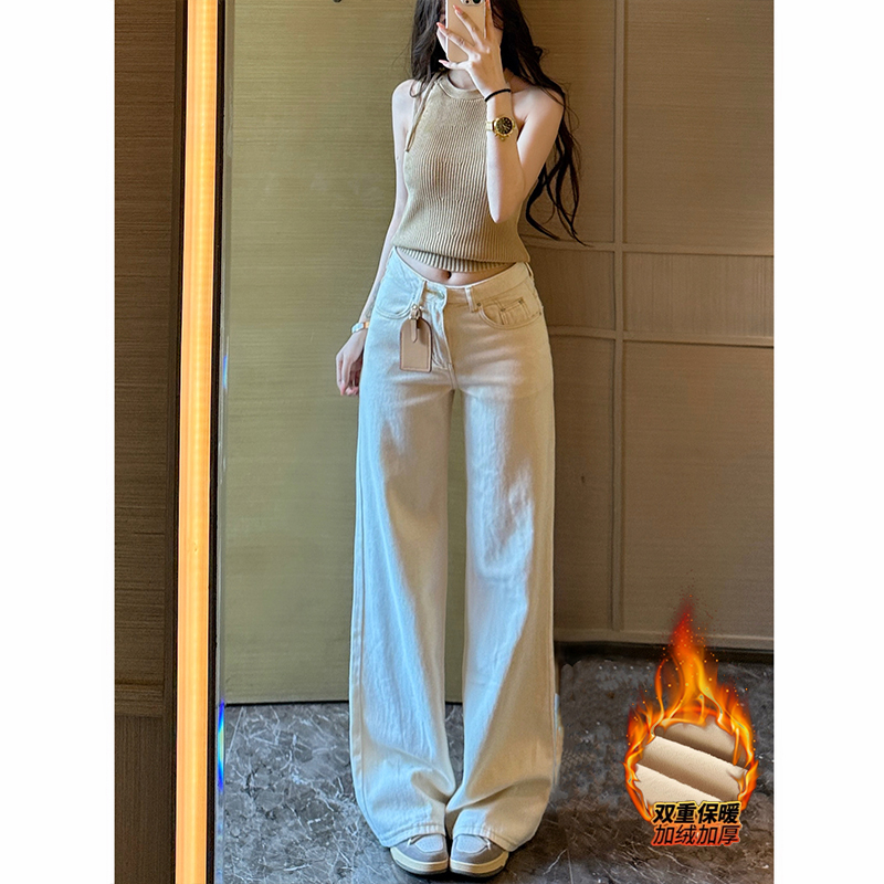 低腰不贴腿加绒阔腿牛仔裤女2025冬季新款慵懒风显瘦细垂感拖地裤