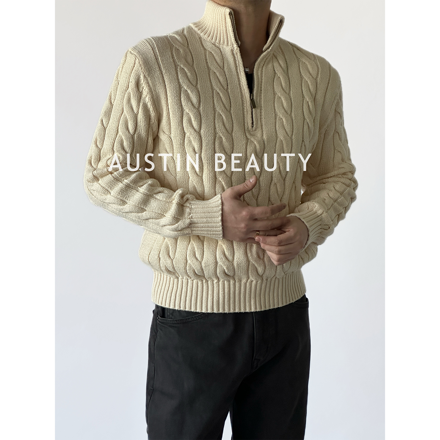 AUSTINBEAUTY【绞花编结】入冬内搭100%精梳棉半拉链套头毛衫