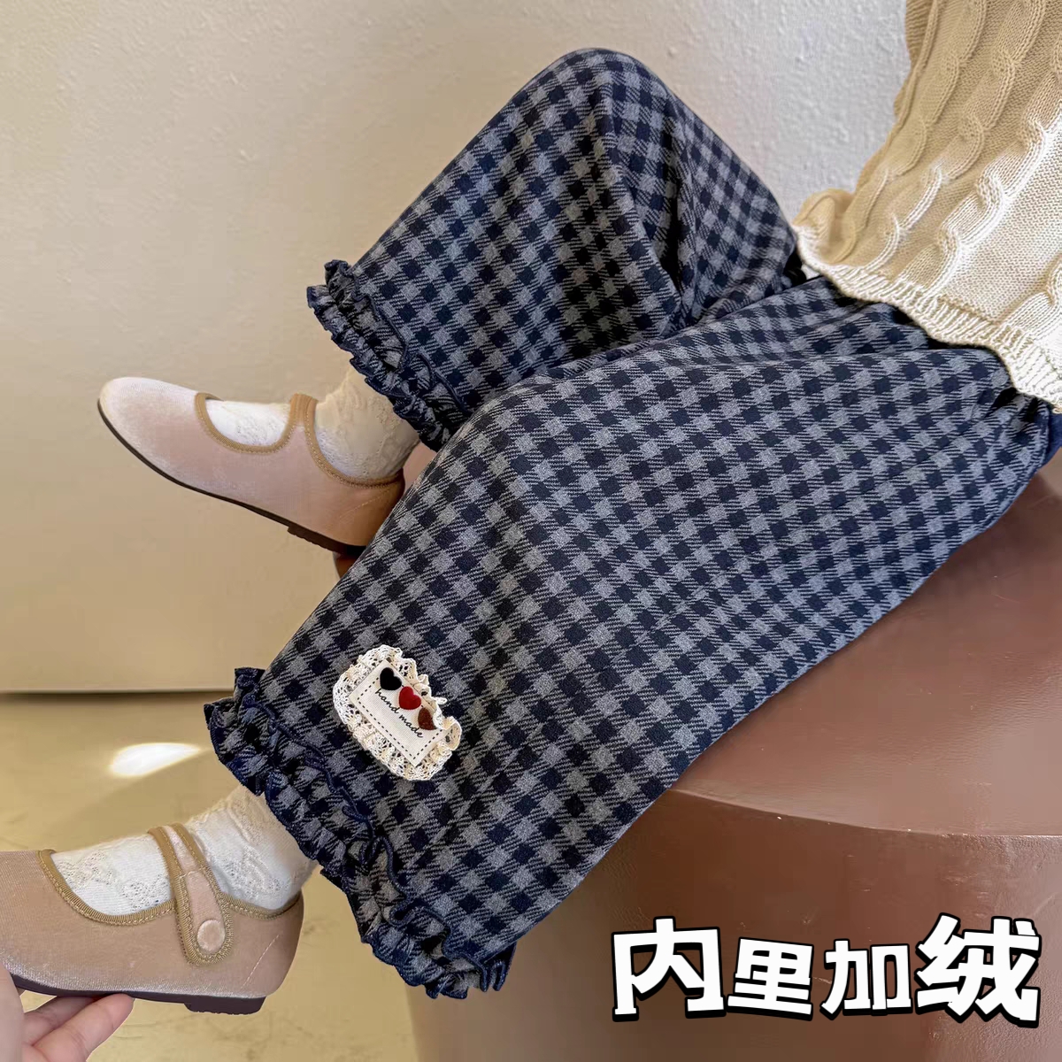女童冬季加绒裤2025新款儿童直筒格子裤女孩秋冬休闲百搭一体绒裤