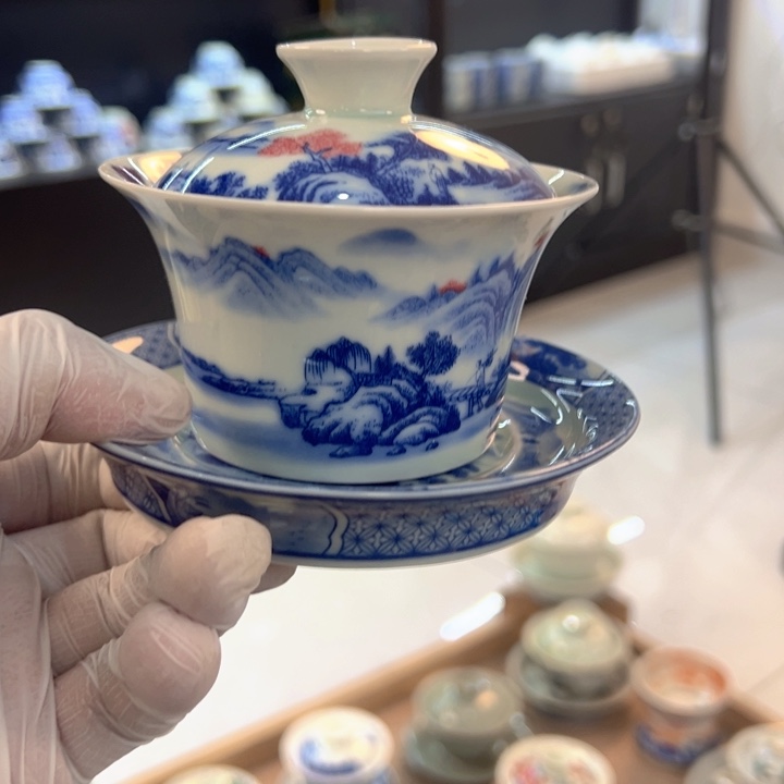 瓷片白青花富春山居图马蹄盖碗全品