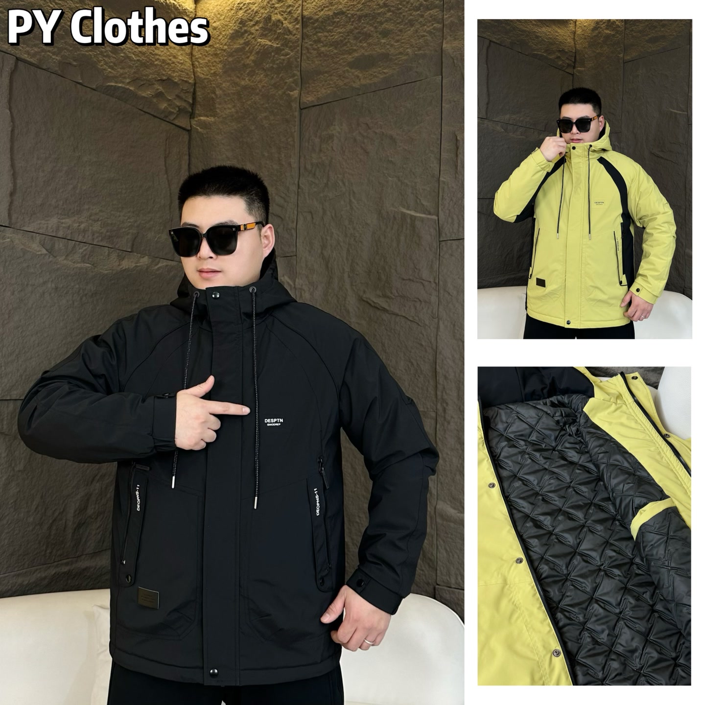 【二棉】胖语大码男装 2025冬季拼接拼色工装风休闲连帽棉服S2531#K