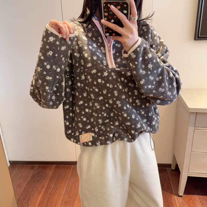 【张静芝】洋气韩范儿满身碎花小标签摇粒绒温暖半拉链绒衫卫衣