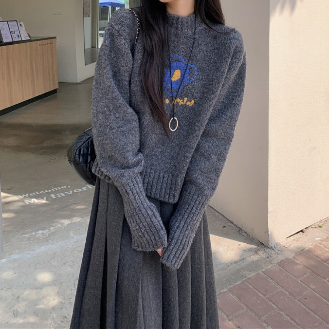 灰色复古慵懒风时尚套装春季2025新款长袖针织毛衣半身裙两件套 