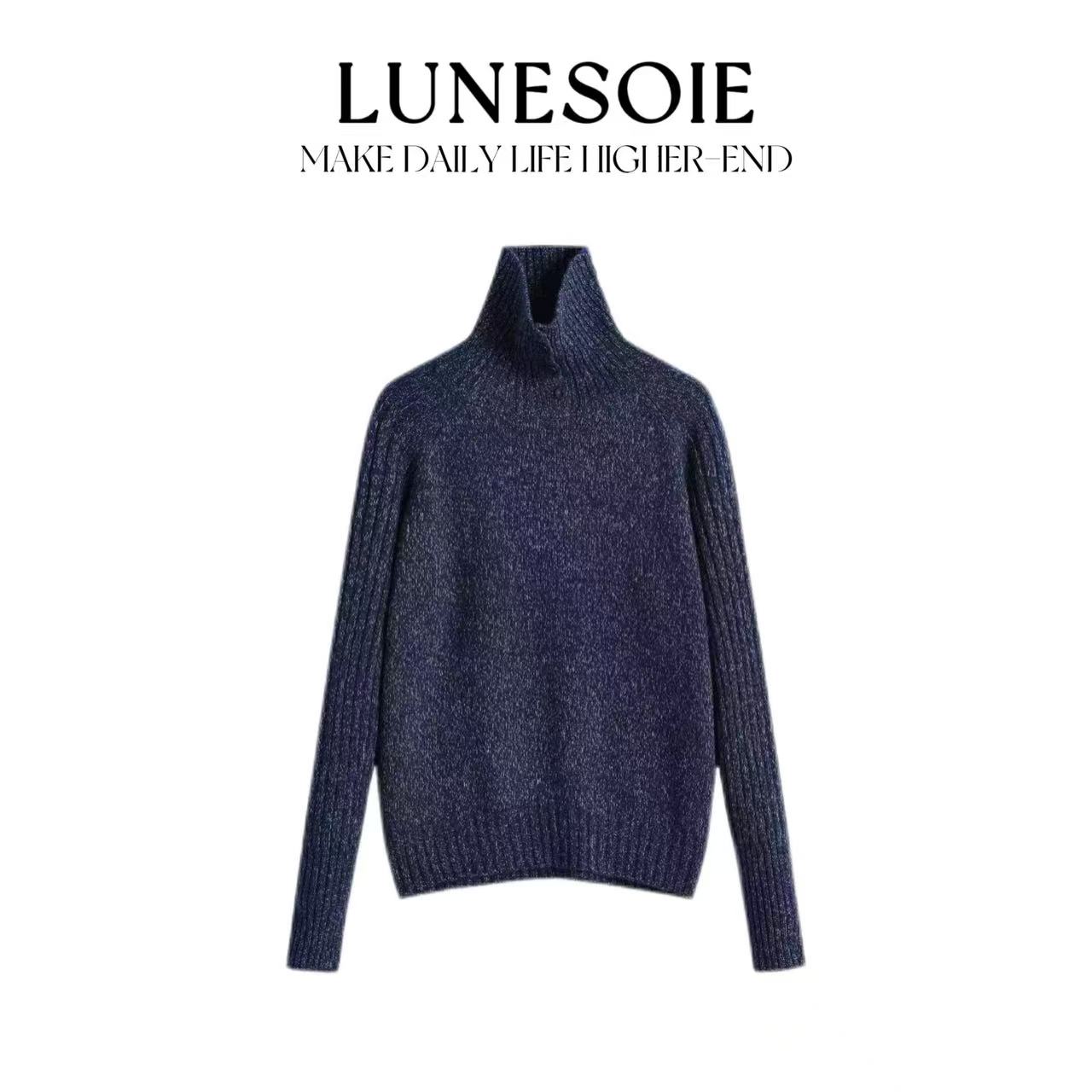 【LUNESOIE】高领毛针织上衣毛针织衫花纱堆堆领高领毛衣套头