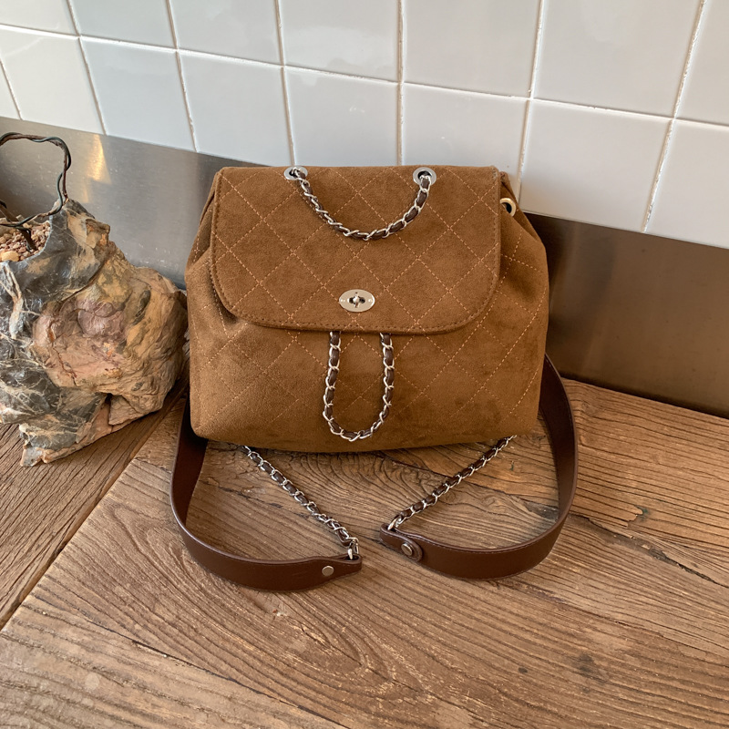 小众复古麂皮绒女士2025秋季新款菱格休闲通勤小双肩后背包