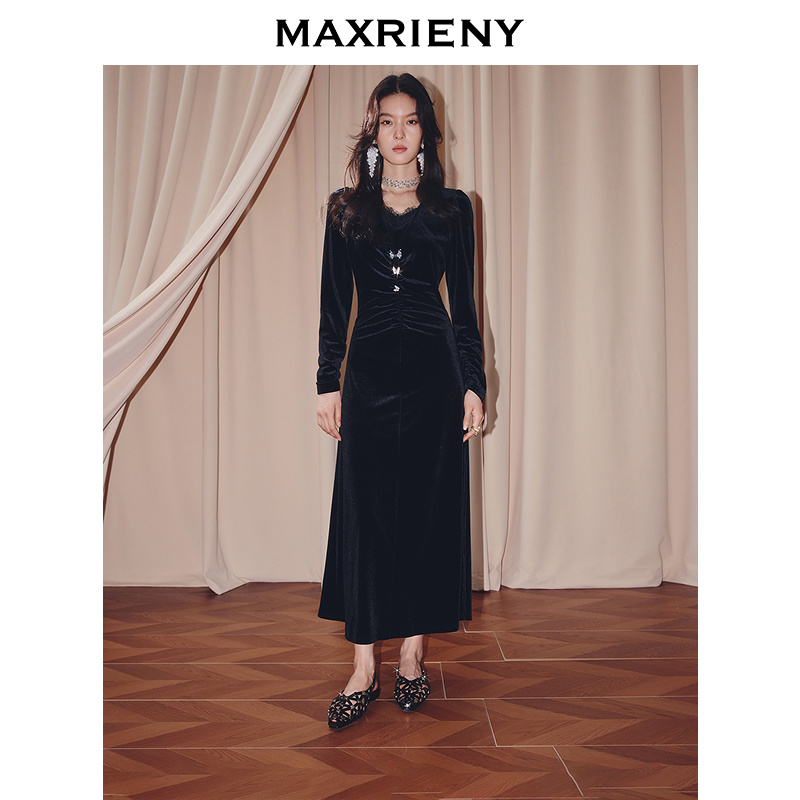 【KK专属】MAXRIENY丝绒连衣裙25秋款x型收腰端庄长裙宴会礼服裙