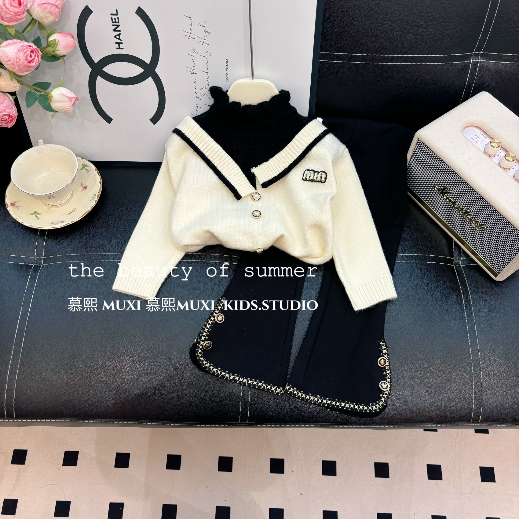 2025秋冬季新款儿童简约洋气马甲毛衣假两件+喇叭裤子两件套