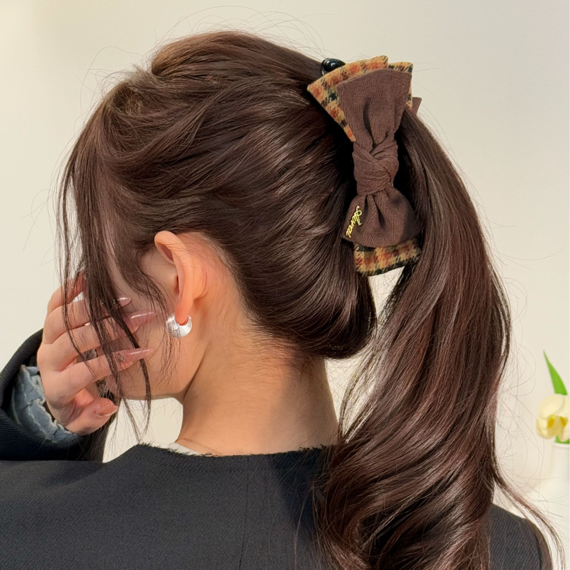 复古格子蝴蝶结横夹竖夹香蕉夹